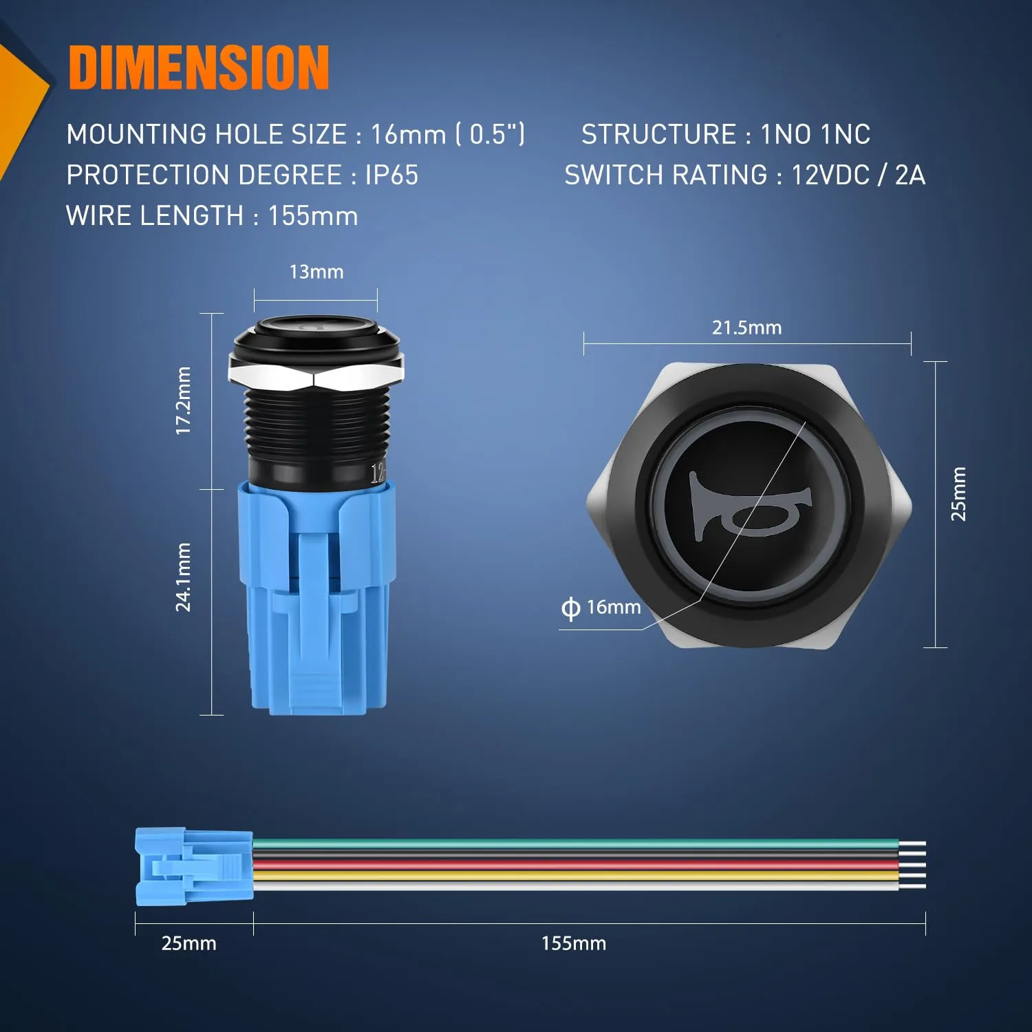 16MM Raised Speaker Horn Momentary Push Button Switch