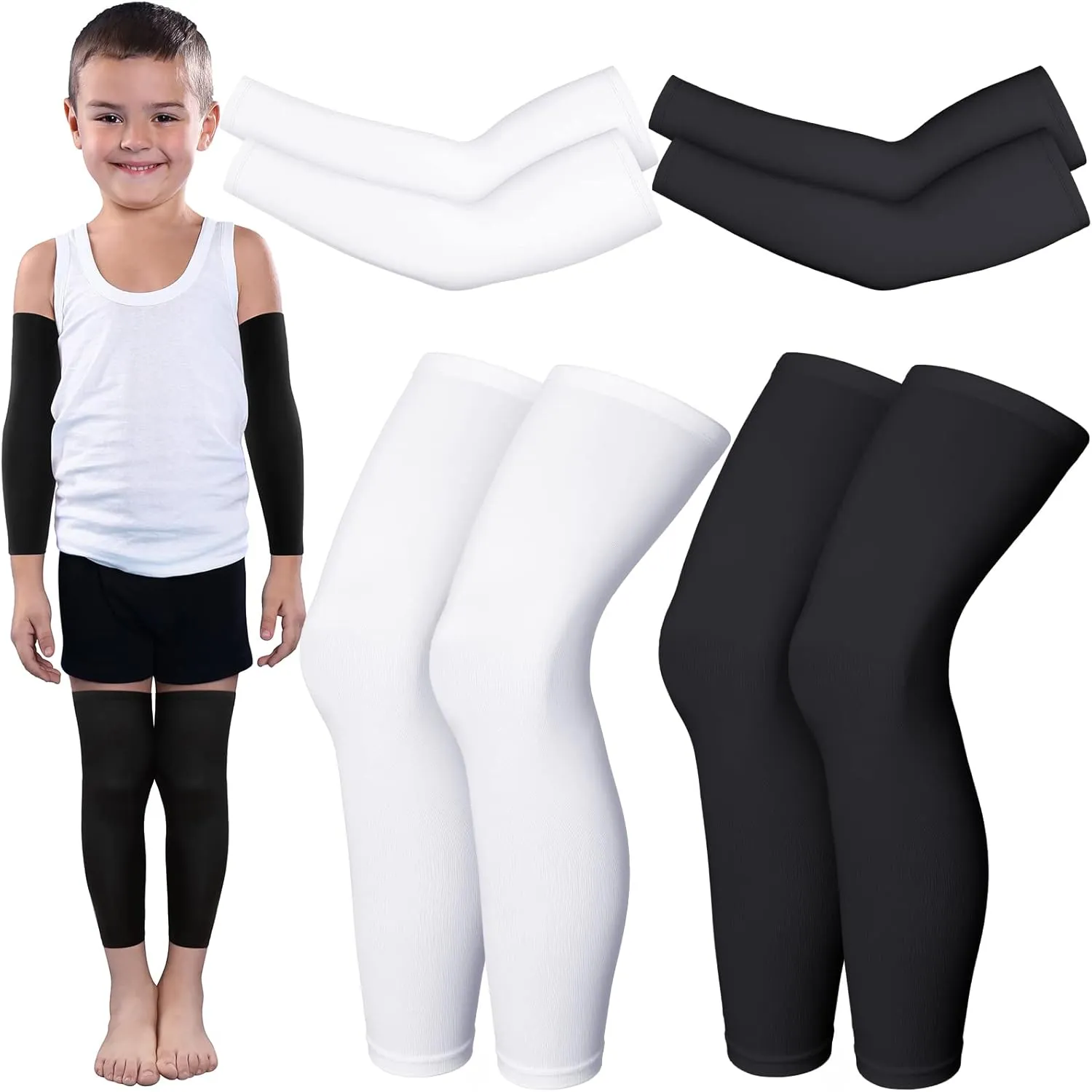 4 Pairs Kids Long Compression Leg and Arm Sleeves Youth Basketball Leg Sleeves Cycling Protection Covers for Youth Running Sport