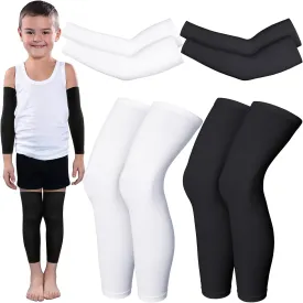 4 Pairs Kids Long Compression Leg and Arm Sleeves Youth Basketball Leg Sleeves Cycling Protection Covers for Youth Running Sport