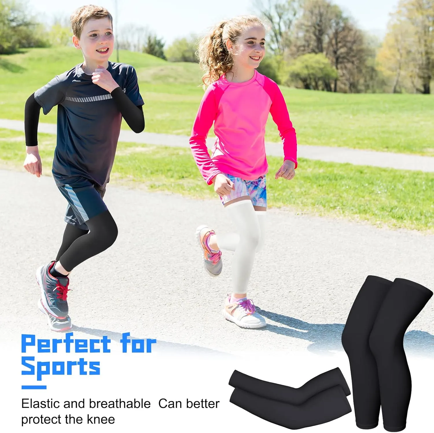 4 Pairs Kids Long Compression Leg and Arm Sleeves Youth Basketball Leg Sleeves Cycling Protection Covers for Youth Running Sport