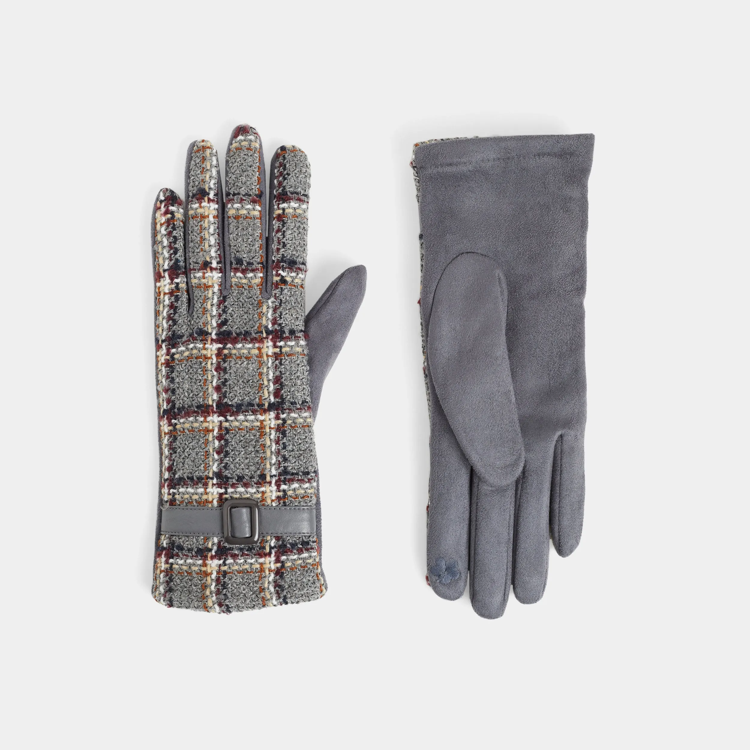Belted Plaid Touchscreen Gloves - Grey Plaid - Final Sale
