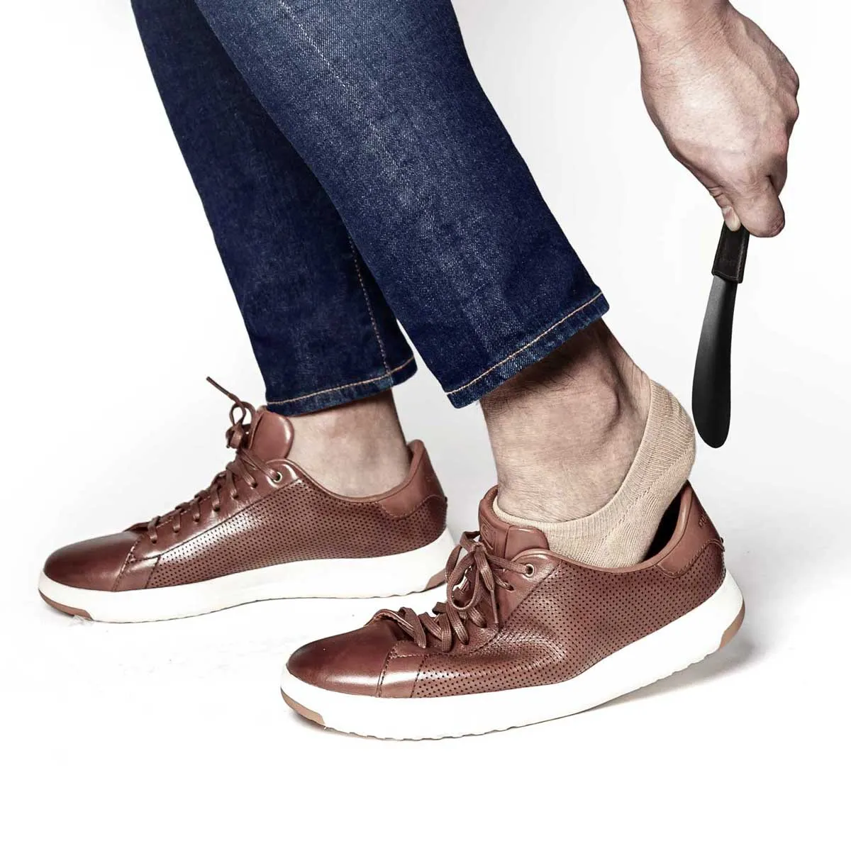 Black Shoe Horn with Faux Leather Handle for Boots and Sneakers