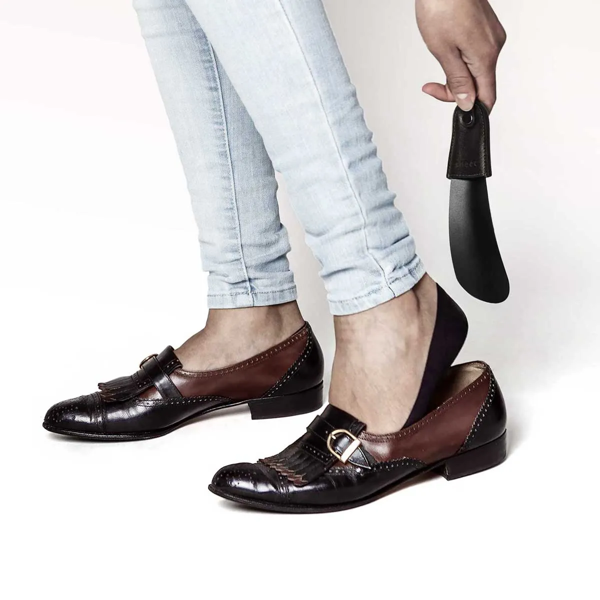 Black Shoe Horn with Faux Leather Handle for Boots and Sneakers