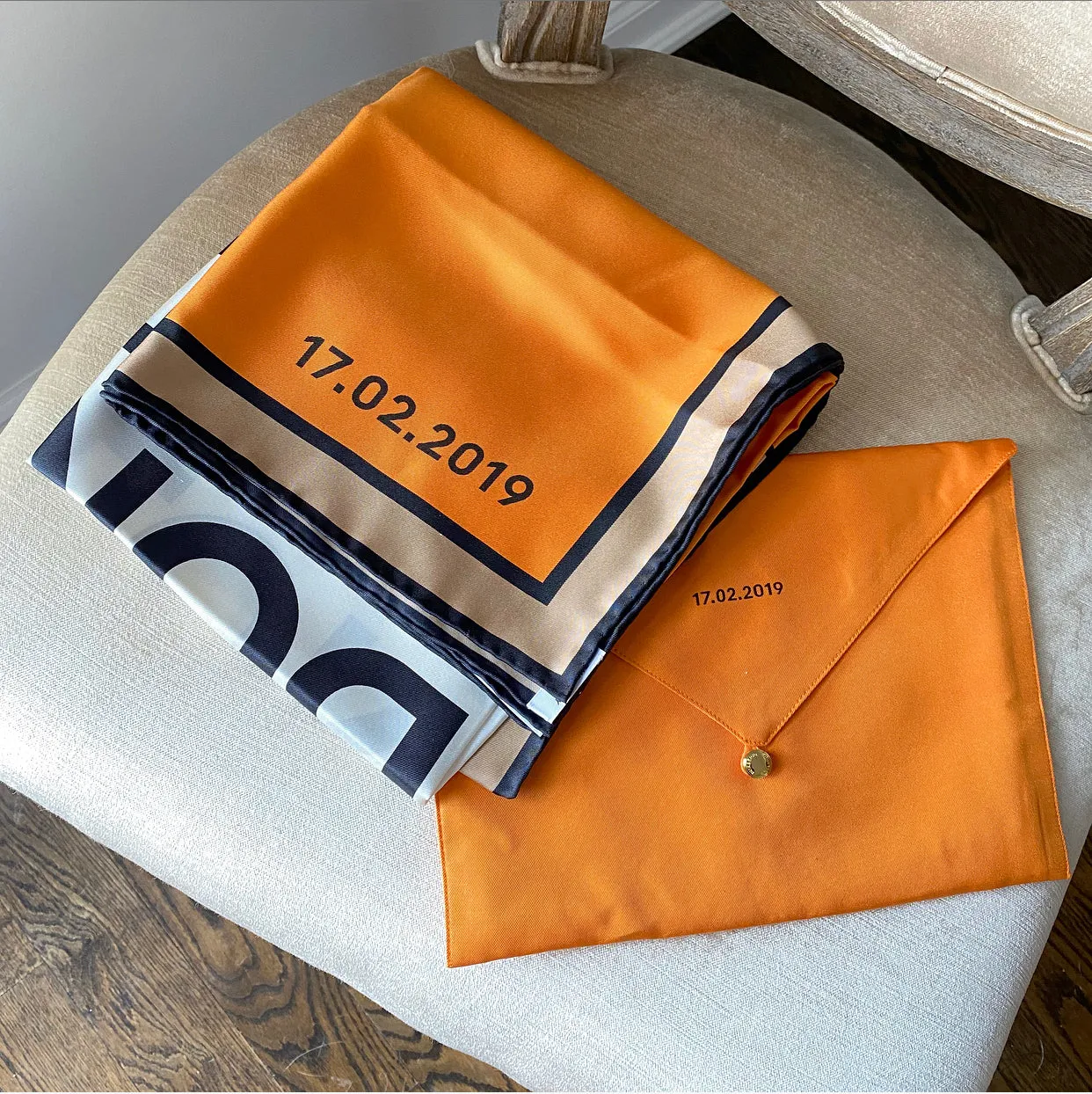 Burberry London Orange Silk 90cm Logo Runway Show Attendee Scarf