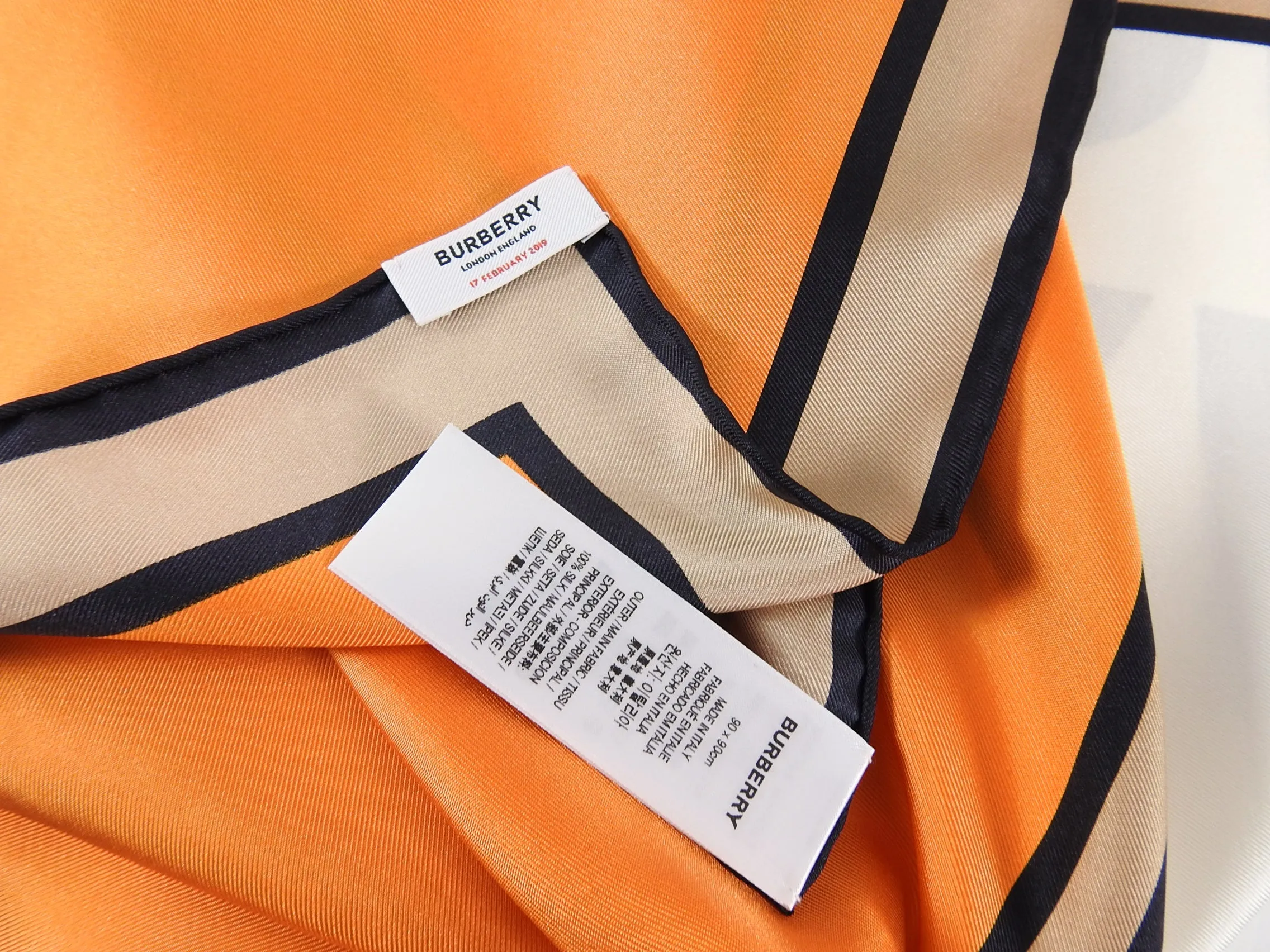 Burberry London Orange Silk 90cm Logo Runway Show Attendee Scarf