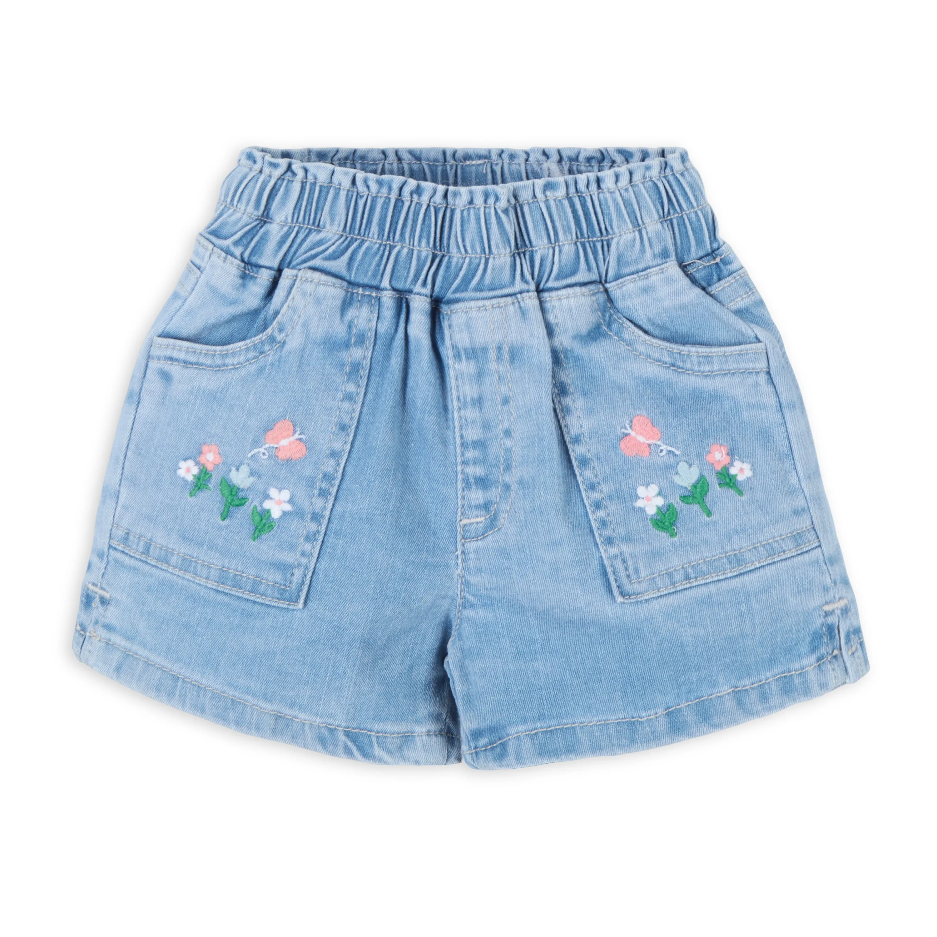 Butterfly Print Tee With Denim Shorts & Hairband - White & Blue