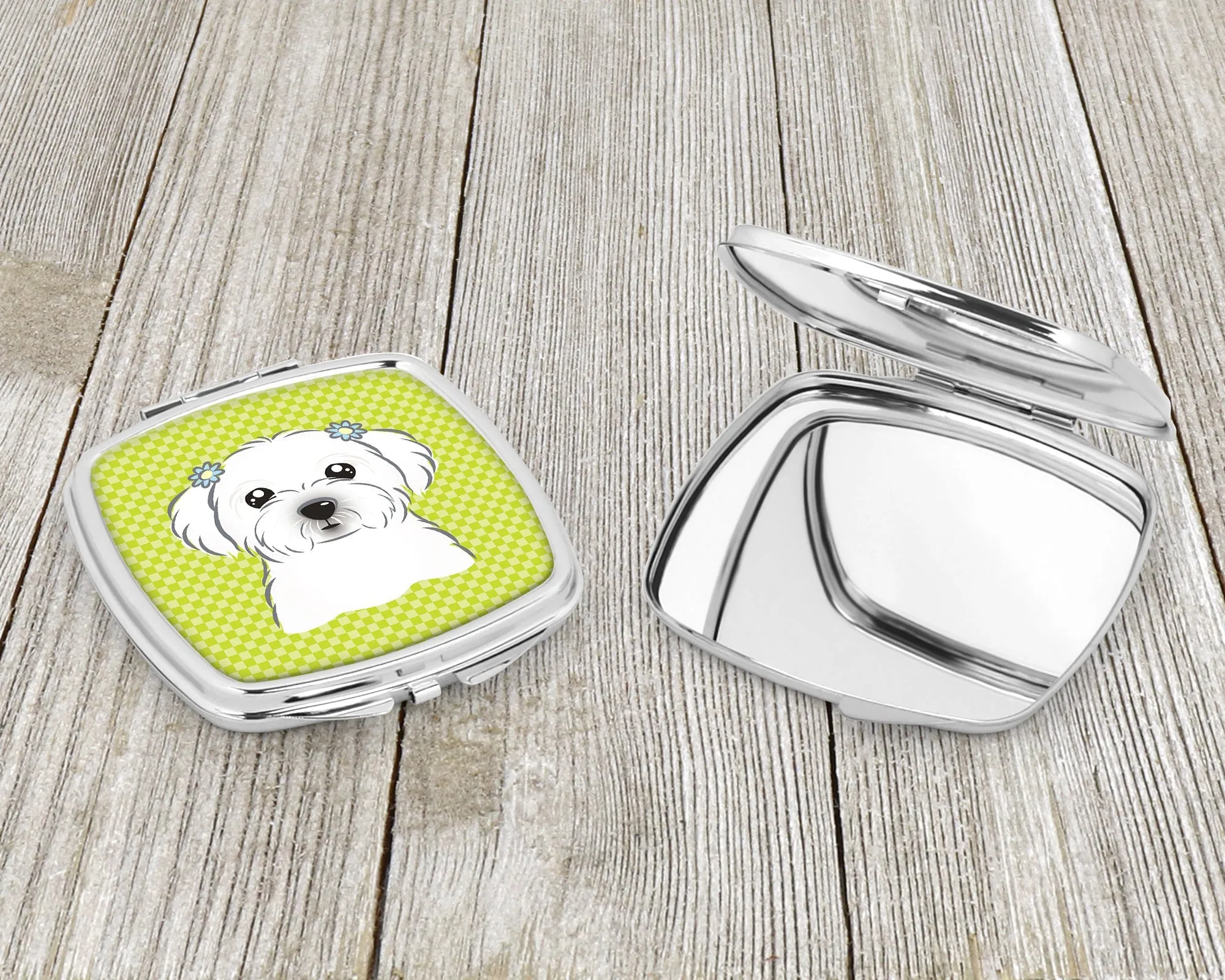 Checkerboard Lime Green Maltese Compact Mirror BB1270SCM