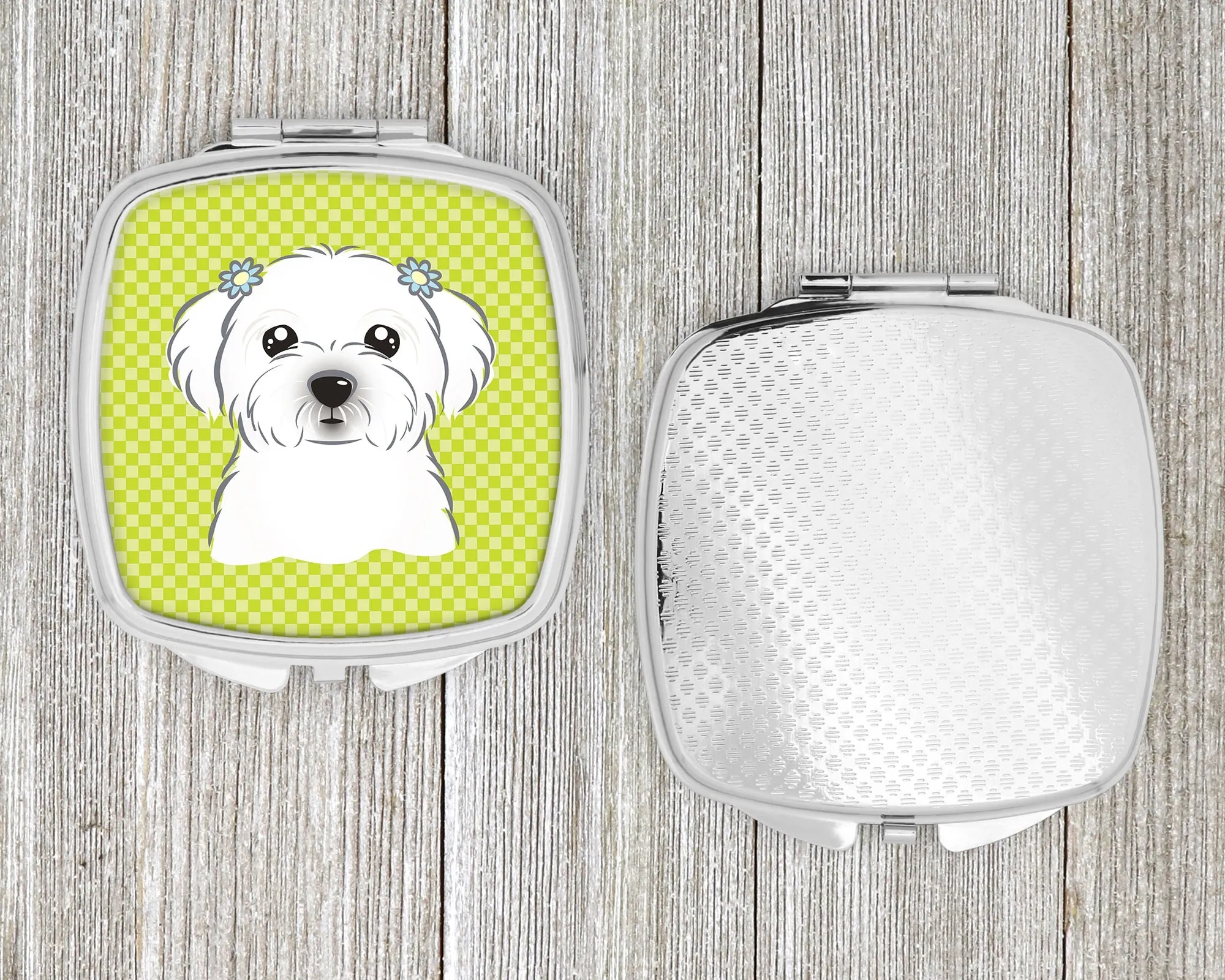 Checkerboard Lime Green Maltese Compact Mirror BB1270SCM
