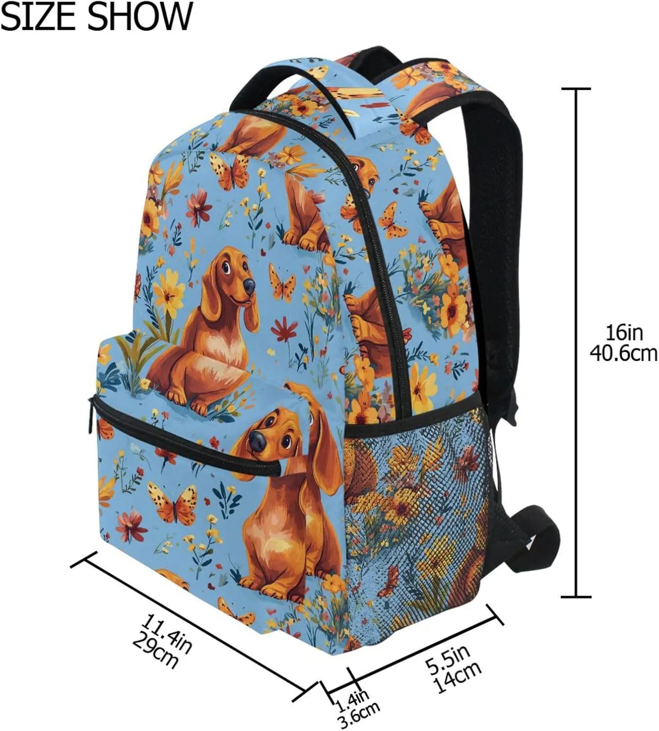 Day Backpack for Women Men Fashion Diaper Bag Backpack with Chest Strap for College Work Cartoon Sweet Dachshund Dog Blue