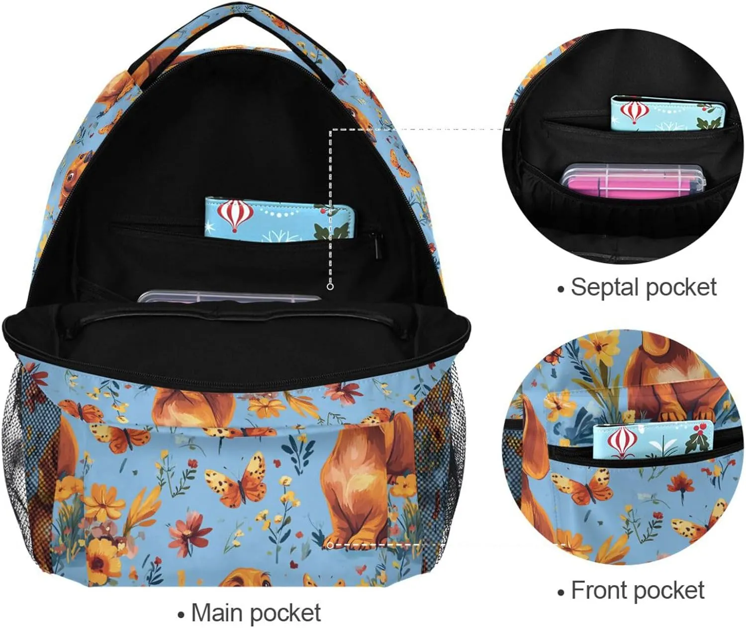 Day Backpack for Women Men Fashion Diaper Bag Backpack with Chest Strap for College Work Cartoon Sweet Dachshund Dog Blue
