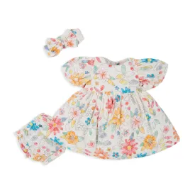 Floral Printed Puff Sleeves Dress With Bloomers & Hairband - Off White