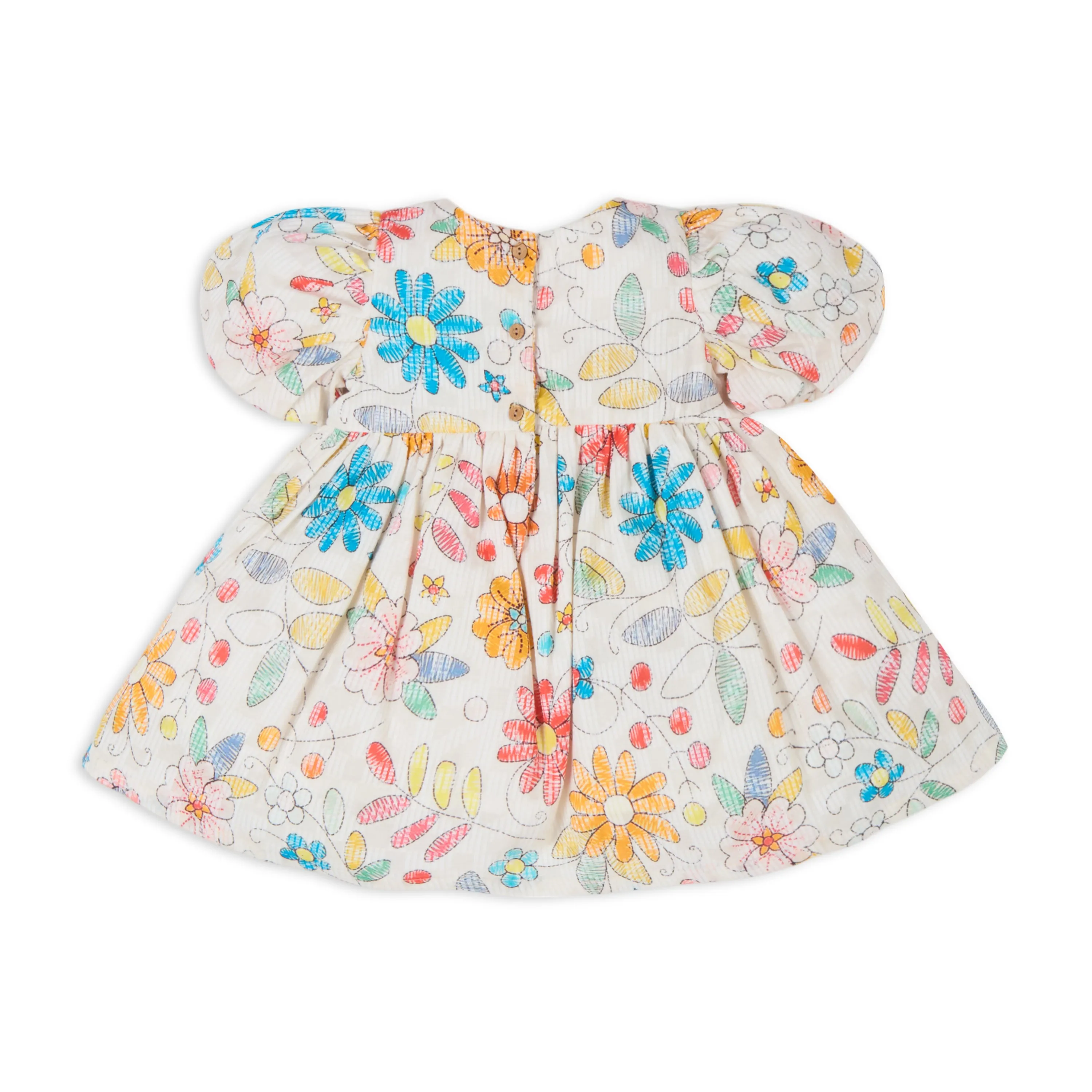 Floral Printed Puff Sleeves Dress With Bloomers & Hairband - Off White