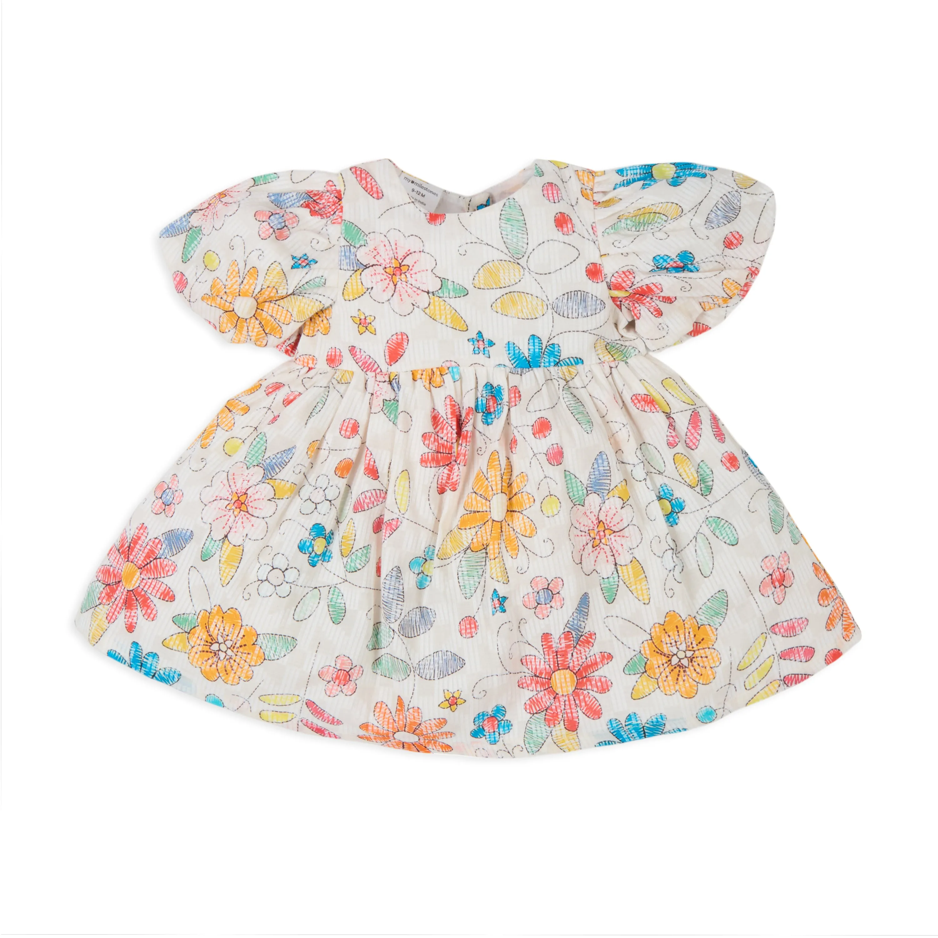 Floral Printed Puff Sleeves Dress With Bloomers & Hairband - Off White