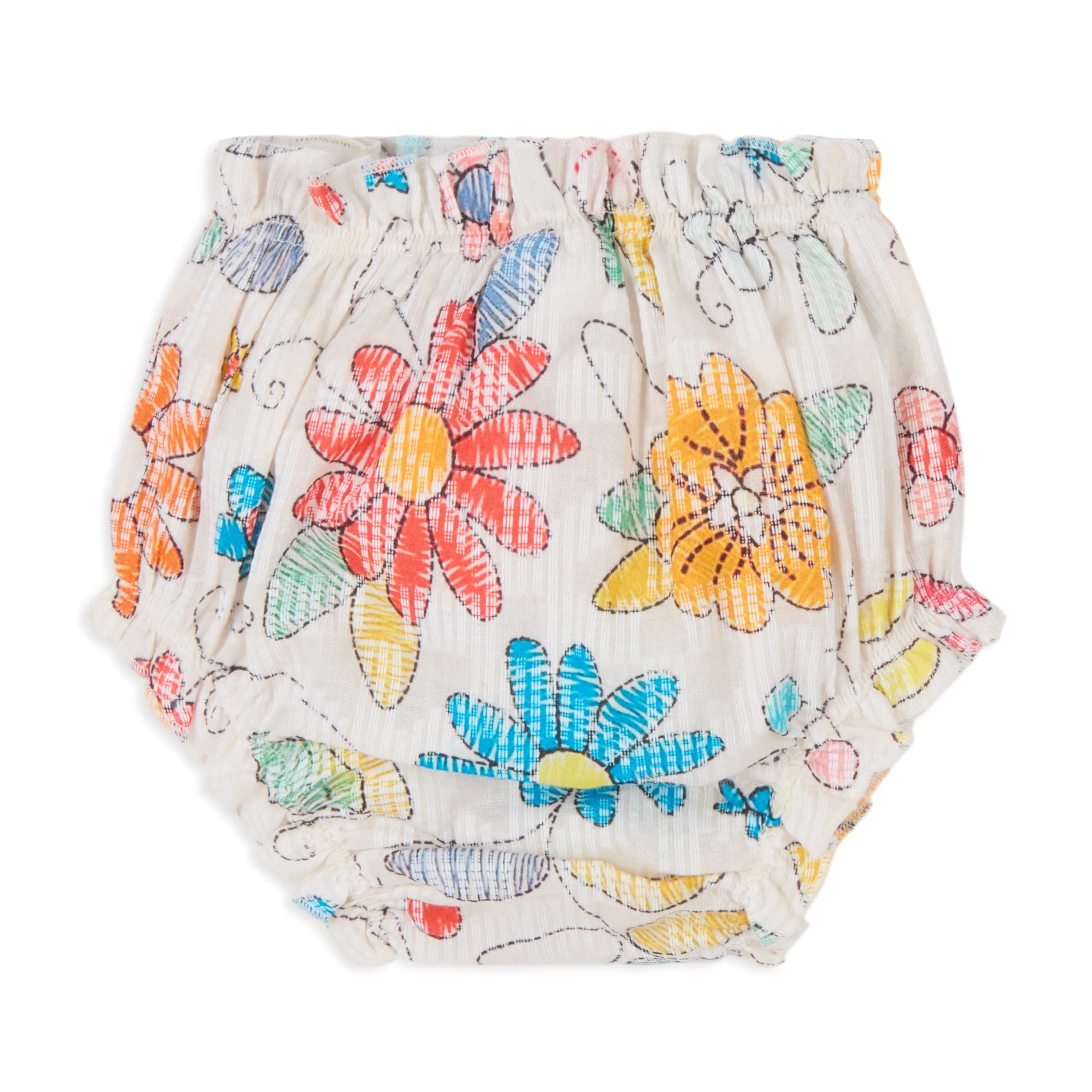 Floral Printed Puff Sleeves Dress With Bloomers & Hairband - Off White