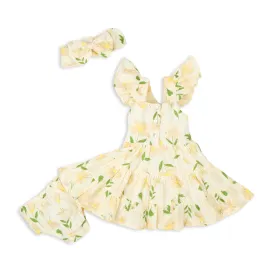 Floral Printed Rah-Rah Dress With Bloomer & Hairband - Light Yellow