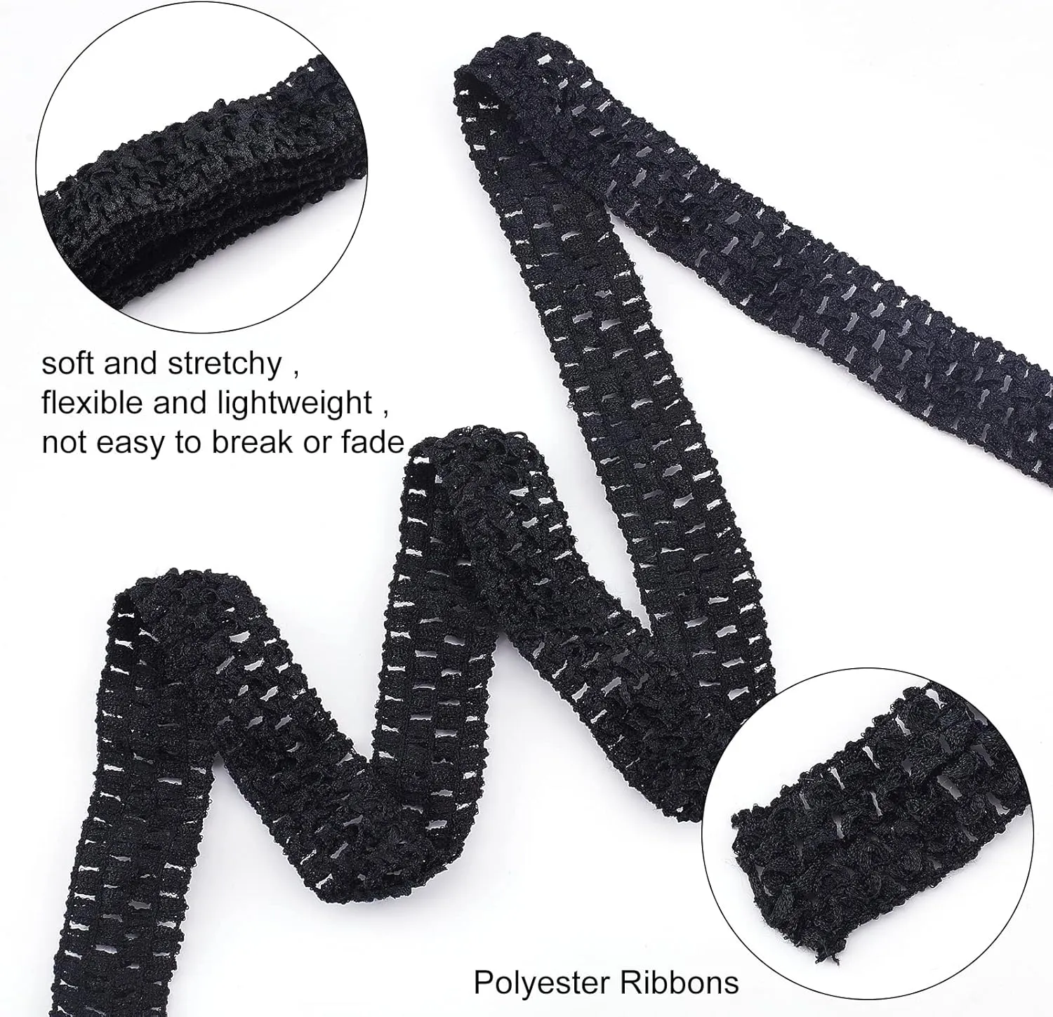 GORGECRAFT 2 RollsX 5.5 Yards Wide Elastic Crochet Headband Ribbon 1.2" Crochet Stretch Trim Fabric for Hair Accessories Tube Top, Black and White