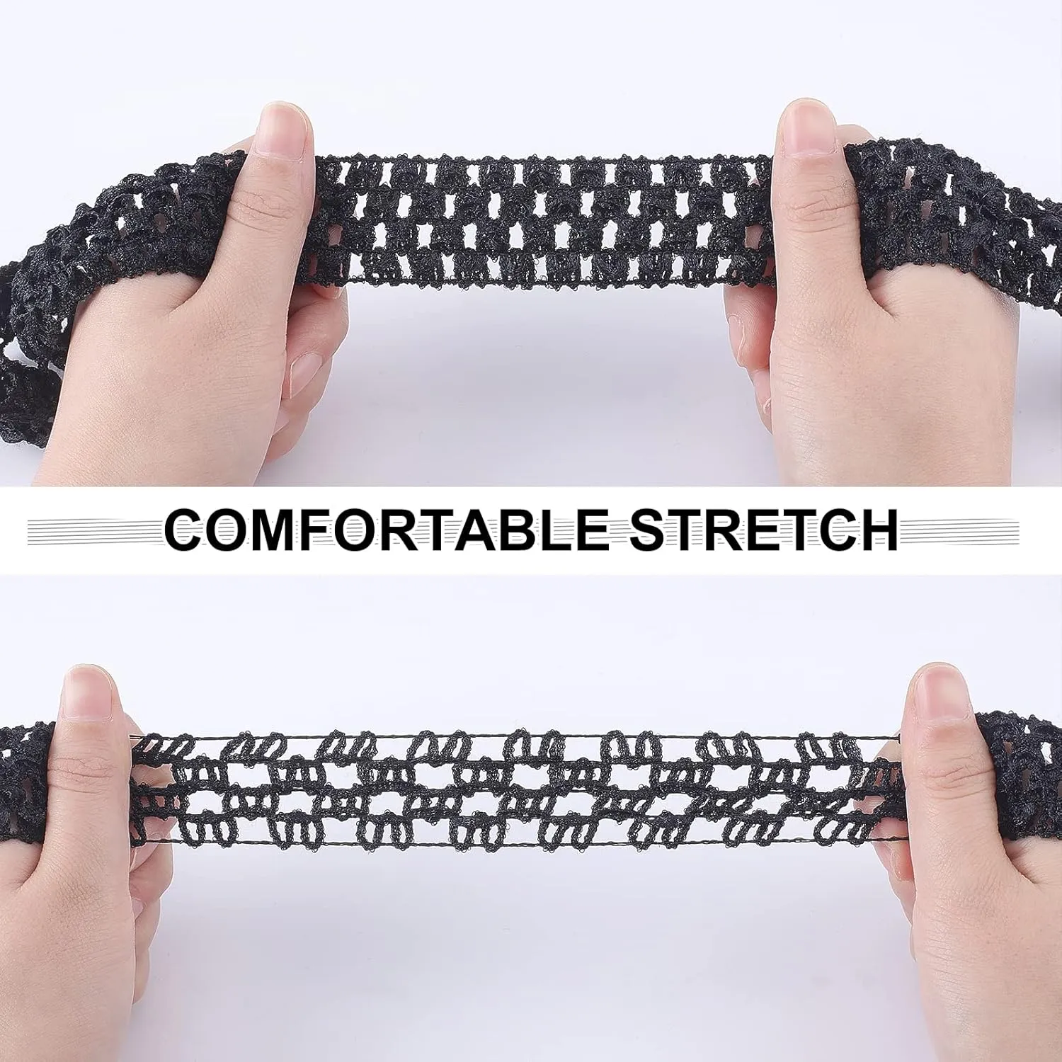 GORGECRAFT 2 RollsX 5.5 Yards Wide Elastic Crochet Headband Ribbon 1.2" Crochet Stretch Trim Fabric for Hair Accessories Tube Top, Black and White