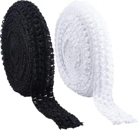 GORGECRAFT 2 RollsX 5.5 Yards Wide Elastic Crochet Headband Ribbon 1.2" Crochet Stretch Trim Fabric for Hair Accessories Tube Top, Black and White
