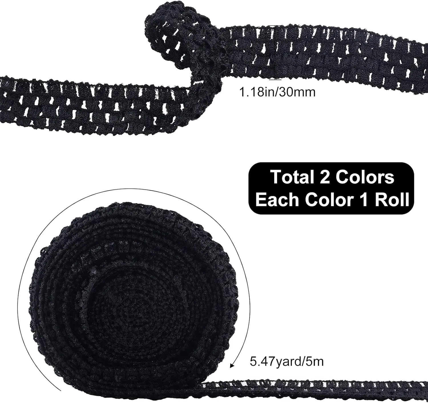 GORGECRAFT 2 RollsX 5.5 Yards Wide Elastic Crochet Headband Ribbon 1.2" Crochet Stretch Trim Fabric for Hair Accessories Tube Top, Black and White