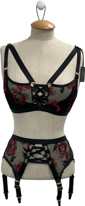 Honey Birdette Black Freya Bra And Suspender Set UK 32D