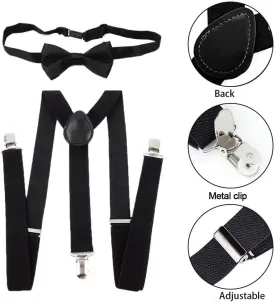 Kids Adjustable Suspenders and Bow Tie Set - Black Elastic Y-Back Suspenders for Boys & Girls Toddler Ages 2-10 Years