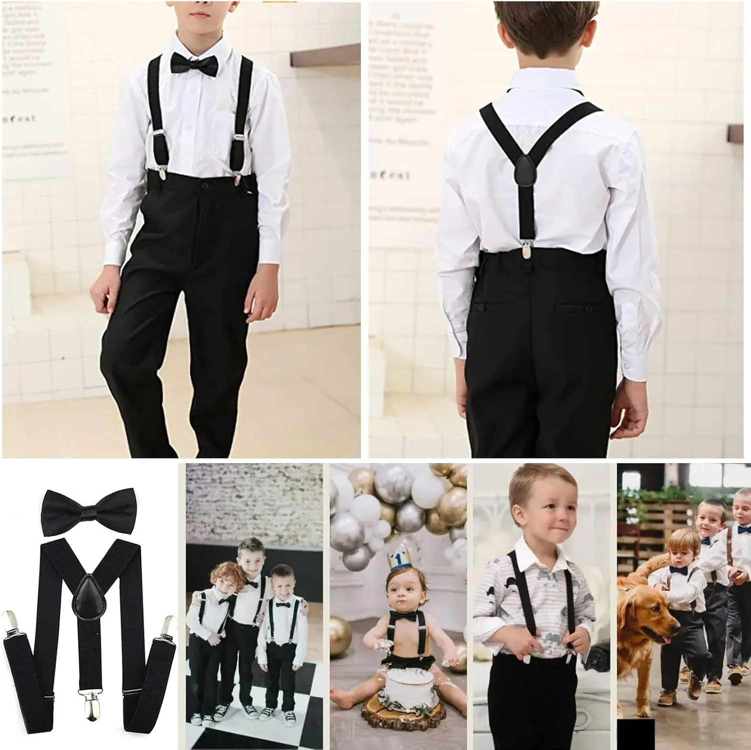 Kids Adjustable Suspenders and Bow Tie Set - Black Elastic Y-Back Suspenders for Boys & Girls Toddler Ages 2-10 Years