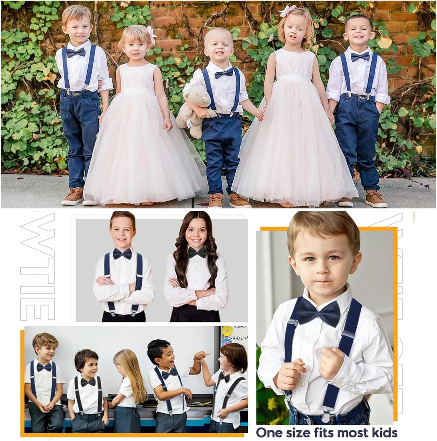 Kids Adjustable Suspenders and Bow Tie Set - Black Elastic Y-Back Suspenders for Boys & Girls Toddler Ages 2-10 Years