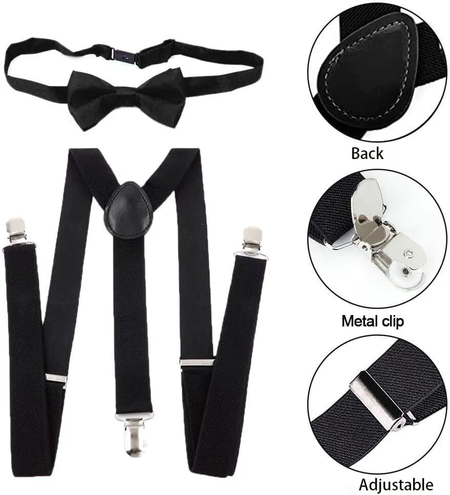Kids Adjustable Suspenders and Bow Tie Set - Black Elastic Y-Back Suspenders for Boys & Girls Toddler Ages 2-10 Years