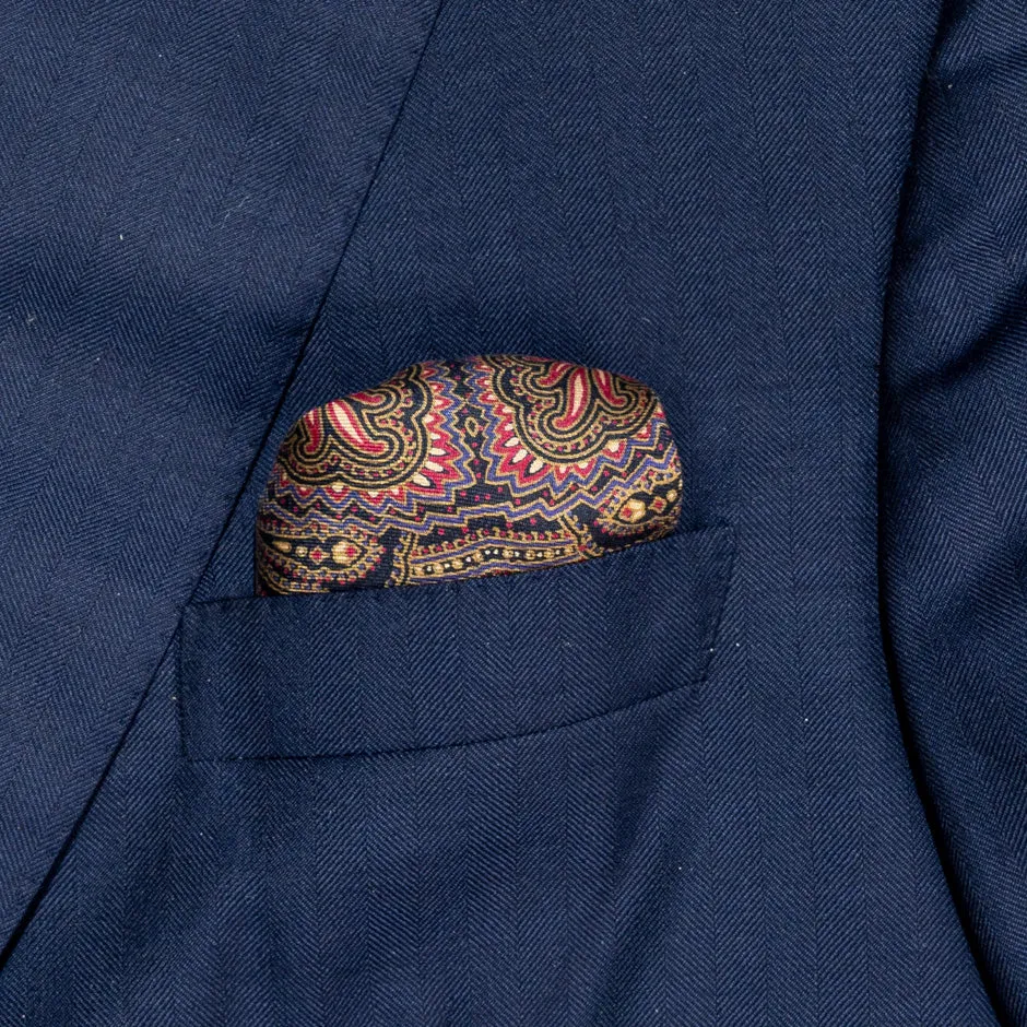 Paisley Printed Red & Navy Silk Twill Pocket Handkerchief
