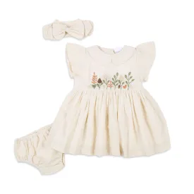 Peter Pan Collar Embroidery Dress With Bloomer & Hairband - Beige
