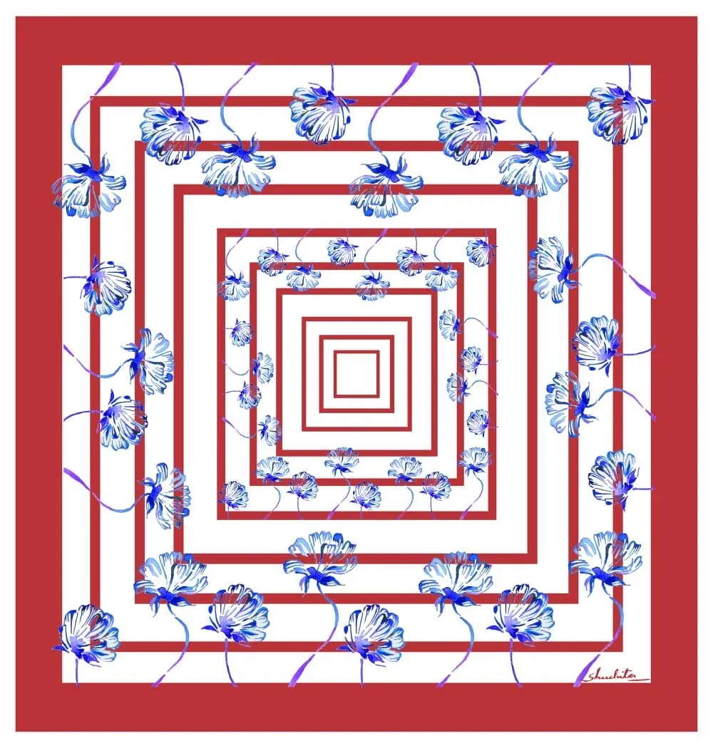 Red And White Geo Flora Printed Pure Silk Pocket Square.