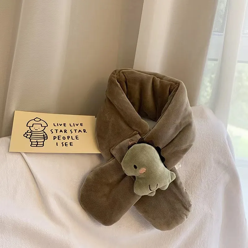 Shy Dino Cartoon Fleece Warm Cross Scarf