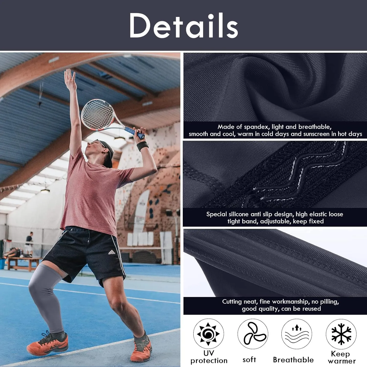 Sports Compression UV Long Leg Sleeves for Running Basketball Football Cycling and Other Sports for Men, Women, Youth (Black, White, Blue, Gray,8 Pieces)