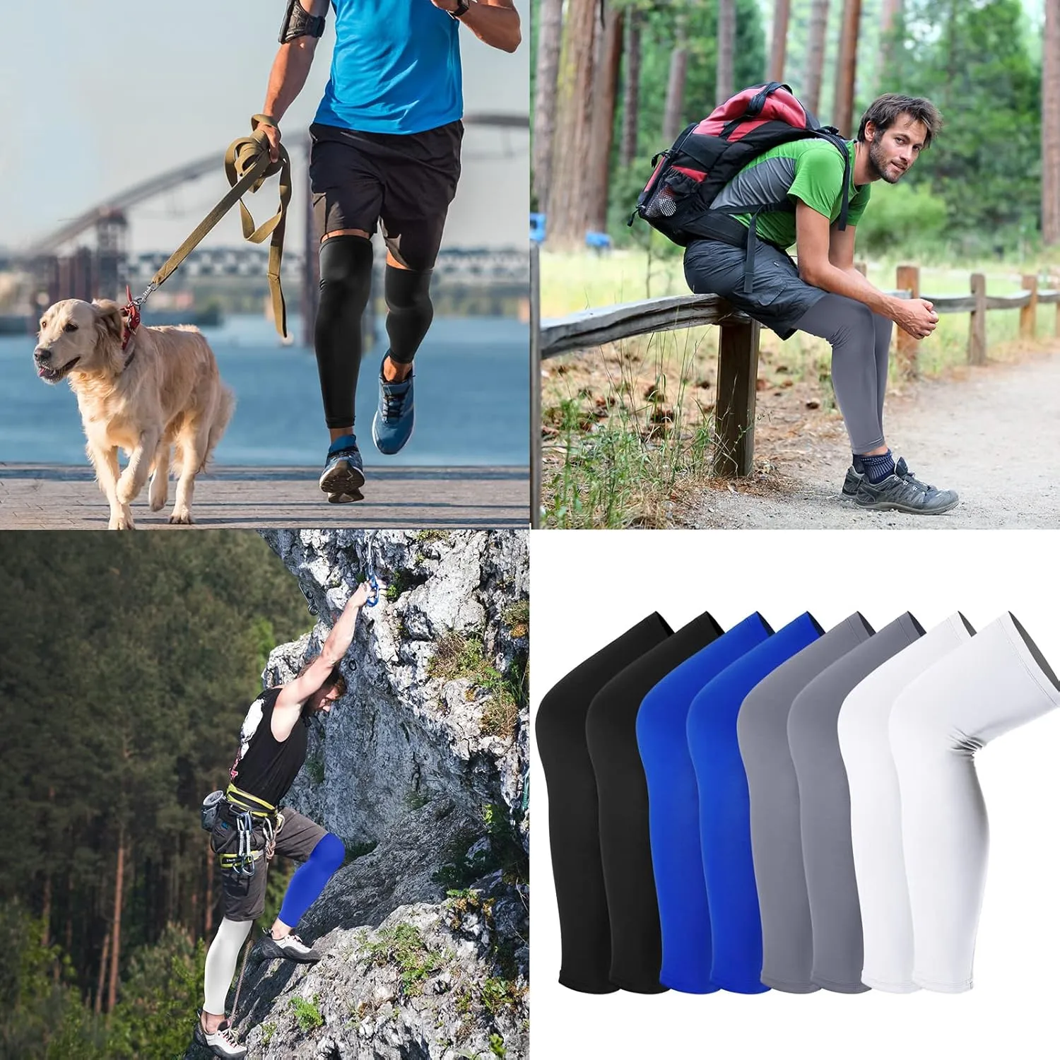 Sports Compression UV Long Leg Sleeves for Running Basketball Football Cycling and Other Sports for Men, Women, Youth (Black, White, Blue, Gray,8 Pieces)