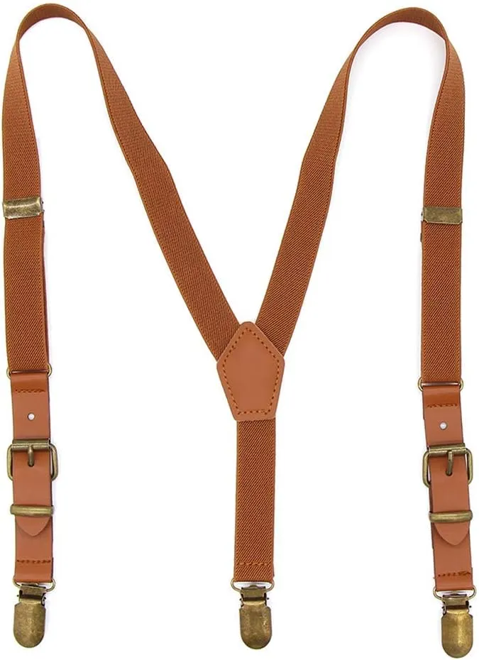 Suspenders for Boys Elastic Kids Suspenders Y Back Tuxedo Braces with Brown Leather for Baby Boy
