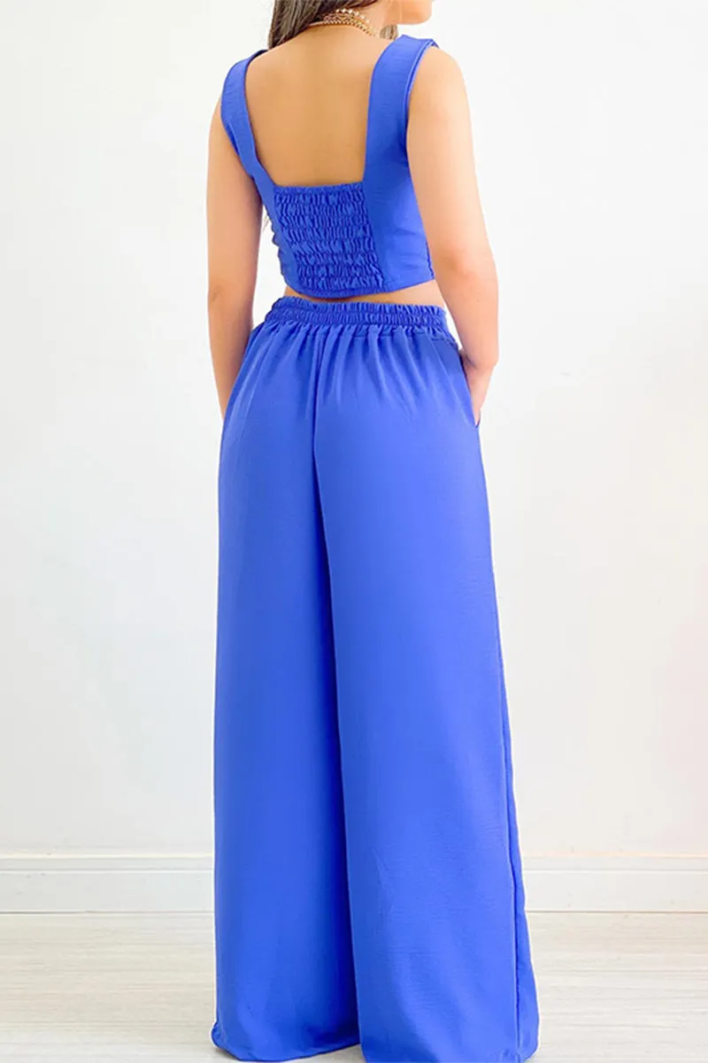 Sweet Solid Pocket Square Collar Sleeveless Two Pieces
