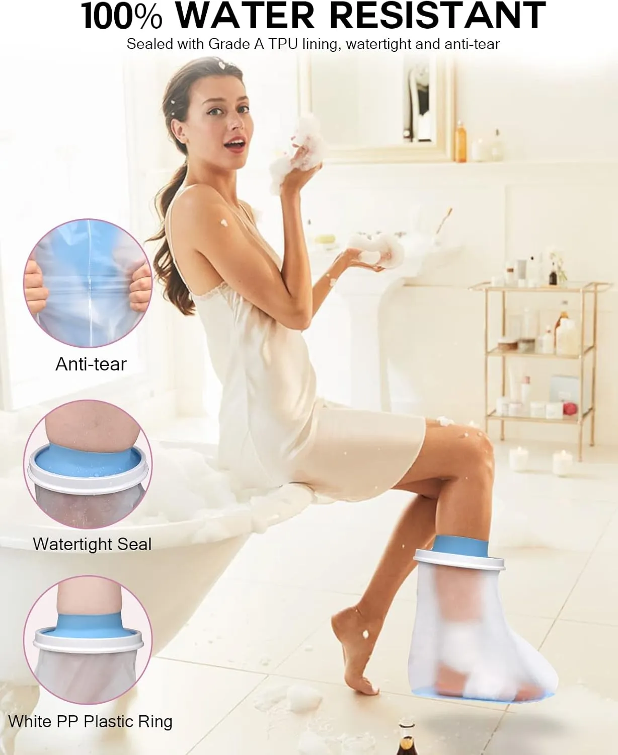 Waterproof Foot Cover for Shower Adult, Foot Cast Covers with Non-Slip Padding Bottom, Watertight Ankle Foot Cast Protector for Surgery Bandage Dressing Wound, Reusable