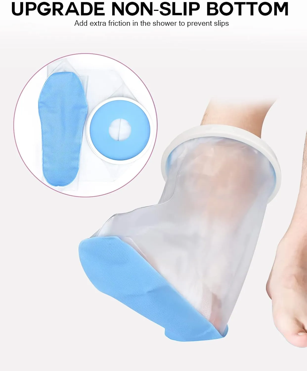 Waterproof Foot Cover for Shower Adult, Foot Cast Covers with Non-Slip Padding Bottom, Watertight Ankle Foot Cast Protector for Surgery Bandage Dressing Wound, Reusable